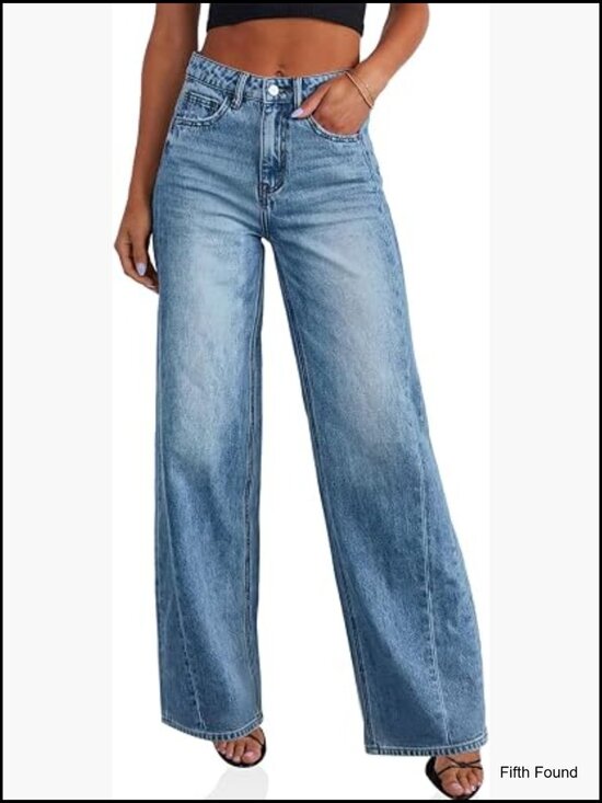 Denim - High Waisted Wide Leg Jeans Baggy Stretchy Denim Pants with Pockets